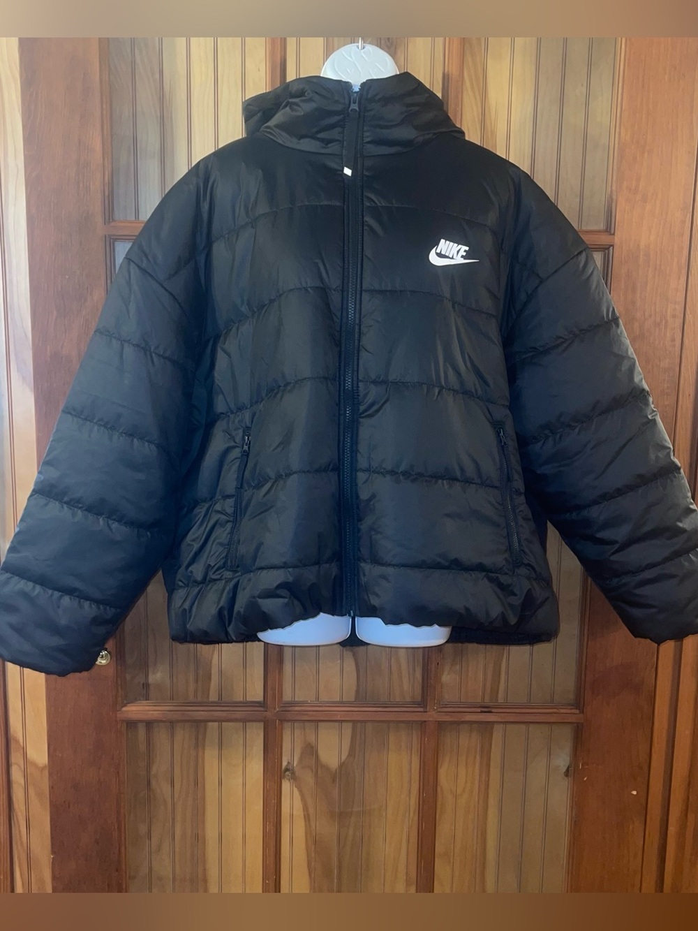 Nike Therma-Fit Black Hooded Loose Fit Puffer Jacket with White Logo